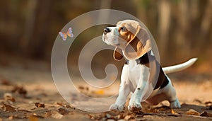 A playful beagle puppy sitting in the grass, enjoying summer generative AI