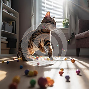 Playful Bengal Cat with Toy Mouse in Sun-Drenched Room