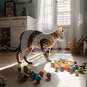 Playful Bengal Cat with Toy Mouse in Sun-Drenched Room