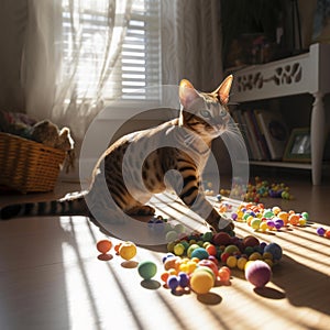 Playful Bengal Cat with Toy Mouse in Sun-Drenched Room