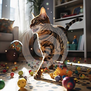 Playful Bengal Cat with Toy Mouse in Sun-Drenched Room