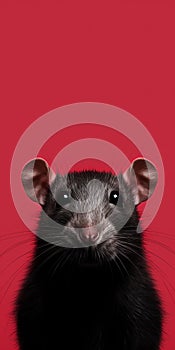 Playful Black Rat Portrait On Red Background