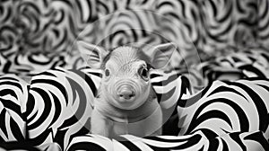 Playful Black And White Pig On Abstract Pattern: A Charming Close-up Portrait