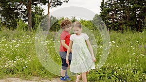 Playful boy and girl walking on grass meadow at summer vacation. Cheerful brother and sister having fun on green lawn