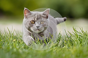 Playful British Shorthair Cat Enjoying Outdoor Fun on the Green Grass.