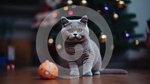 Playful British Shorthair Kitten with Christmas Tree Background