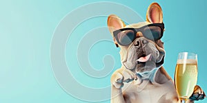 Playful Bulldog Wearing Shades And Holding A Glass Of Champagne, 3D Rendering