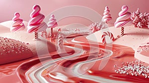 Playful candy wonderland: 3D fantasy world with chocolate rivers and candy cane trees, radiating a whimsical and joyful