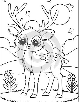Cartoon Deer in a Nature Setting Coloring Page photo