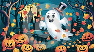 Playful Cartoon Ghost Pumpkins Autumn Leaves - Whimsical Halloween Illustration Party Invitations, S photo