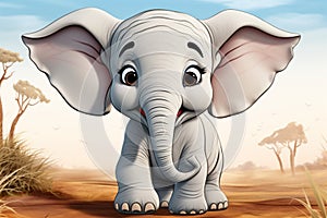 Playful cartoon pachyderm, big-eyed and big-eared, radiates charm and curiosity