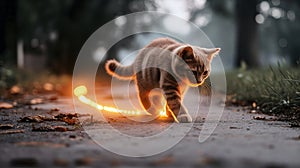 Playful cat chasing glowing light on pathway