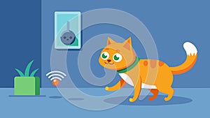A playful cat chasing a toy that is moving according to the customized settings set by its owner on the smart toy app photo