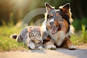 Playful cat and dog frolic together in the lush green grass