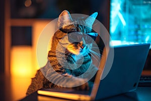 Playful Cat Donning Sunglasses, Engaging In Cyber-Themed Laptop Activities