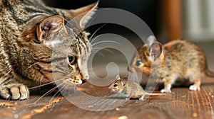 Playful cat engages with tiny gerbil mouse on table. Ai Generated