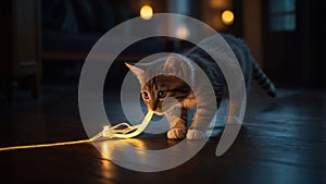 Adorable Kitten Playing with Glowing String Lights at Night