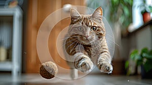 Playful Cat Jumping With Ball