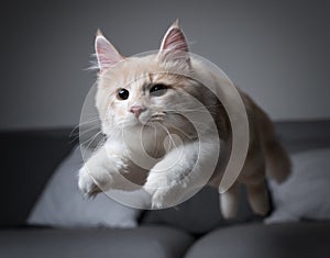 Playful cat jumping over sofa