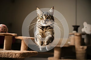 Playful cat mid leap in room, whiskers prominent, capturing dynamic moment