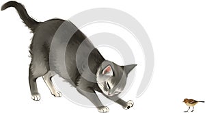 Playful cat pawing bird in minimalist ink wash style. photo