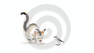 Playful cat pawing bird in minimalist ink wash style. photo