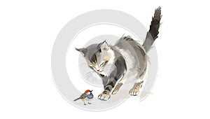 Playful cat pawing bird in minimalist ink wash style. photo