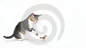 Playful cat pawing bird in minimalist ink wash style. photo