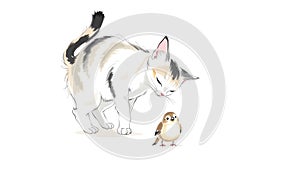 Playful cat pawing bird in minimalist ink wash style. photo