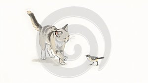 Playful cat pawing bird in minimalist ink wash style. photo