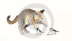 Playful cat pawing bird in minimalist ink wash style. photo