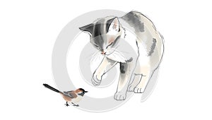 Playful cat pawing bird in minimalist ink wash style. photo