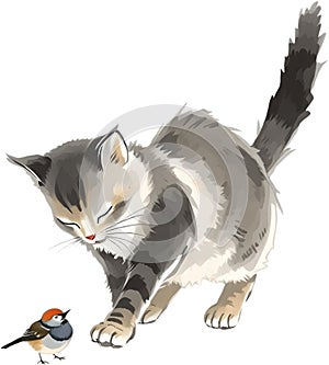 Playful cat pawing bird in minimalist ink wash style. photo