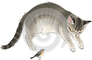 Playful cat pawing bird in minimalist ink wash style. photo