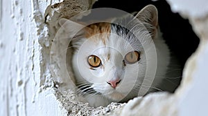 Playful cat peeking through hole in bright white paper background, curious feline animal portrait