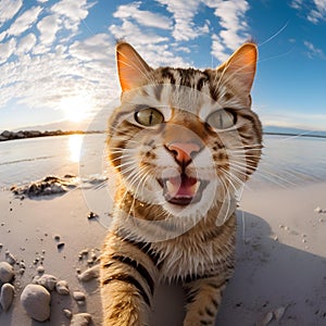 Playful cat on a secluded beach The perfect combination of feline grace and coastal calm.AI generated