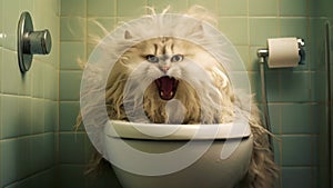 Playful cat in WC, humorous feline toilet adventures.