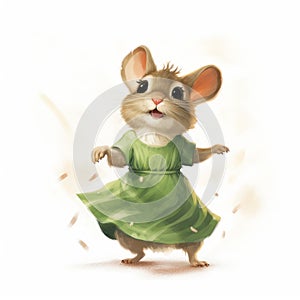 Playful Character Design: Brown Furry Mouse In Green Dress
