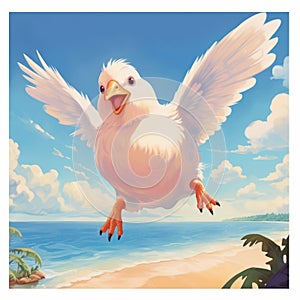 Playful Chicken Soaring Over Tropical Beach In Cartoon Realism photo