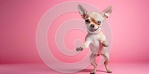 Playful chihuahua pup dancing gleefully against vibrant pink backdrop in amusing pose. Concept Pet photo