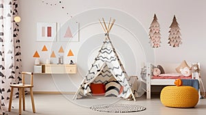 A Playful Child\'s Bedroom with Patterned Tent, Stool, and Poster-adorned Walls. Generative AI