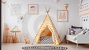 A Playful Child\'s Bedroom with Patterned Tent, Stool, and Poster-adorned Walls. Generative AI