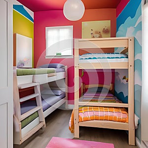 A playful childrens room with bunk beds and a colorful mural on the wall3