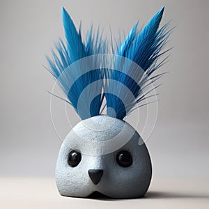 Playful Clay Bunny With Blue Feathers - Unique Zbrush Style Figurine