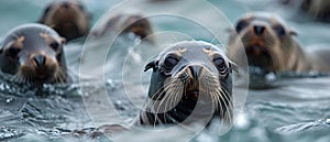 A playful colony of seals or sea lions swimming in the ocean near Monterey Pier California. Concept