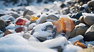 Playful Color Palettes: Coloured Rocks In Snow With Dark Orange And Light Amber