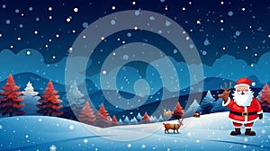 A playful and colorful Christmas background featuring cartoon-style characters like Santa Claus and reindeer, AI generated