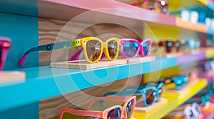 A playful and colorful display features a range of designer eyewear for kids catering to all ages and styles