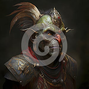A Playful and Confident Goblin Warrior, Dressed in Battle-worn Armor, Grins Mischievously in a Character Portrait photo