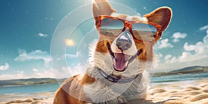 Playful and Cool Pembroke Welsh Corgi Dog with Sunglasses Posing by the Beach. Generative AI